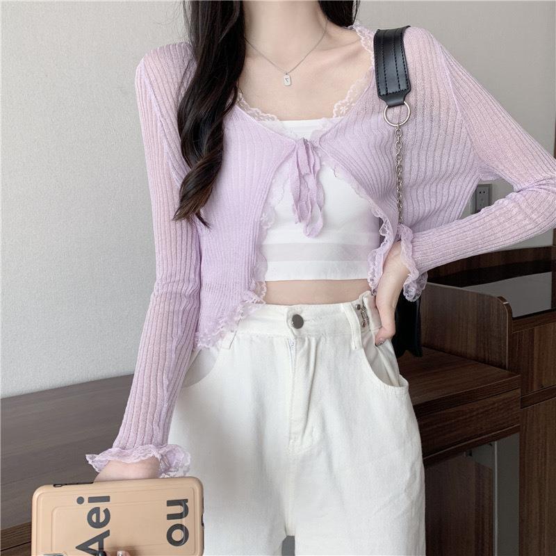 Sweet lace ruffled lace-up knitted cardigan for women sun