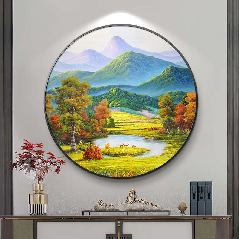 巨人山入户玄关装饰画聚宝盆山水风景餐厅客厅挂画圆形手绘油画图片