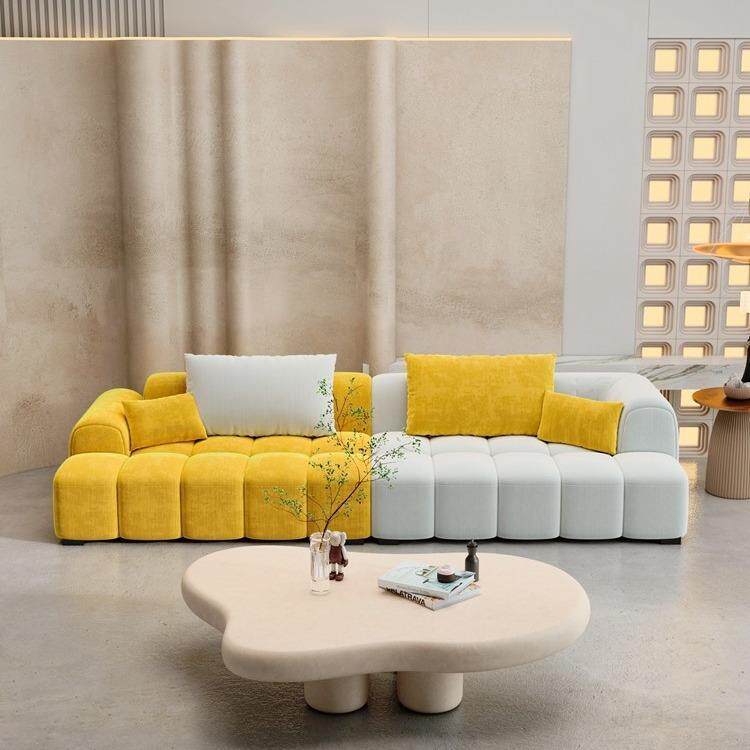 奶油风钢琴键布艺沙发客厅直排式大小户型北欧表情豆腐块网红款