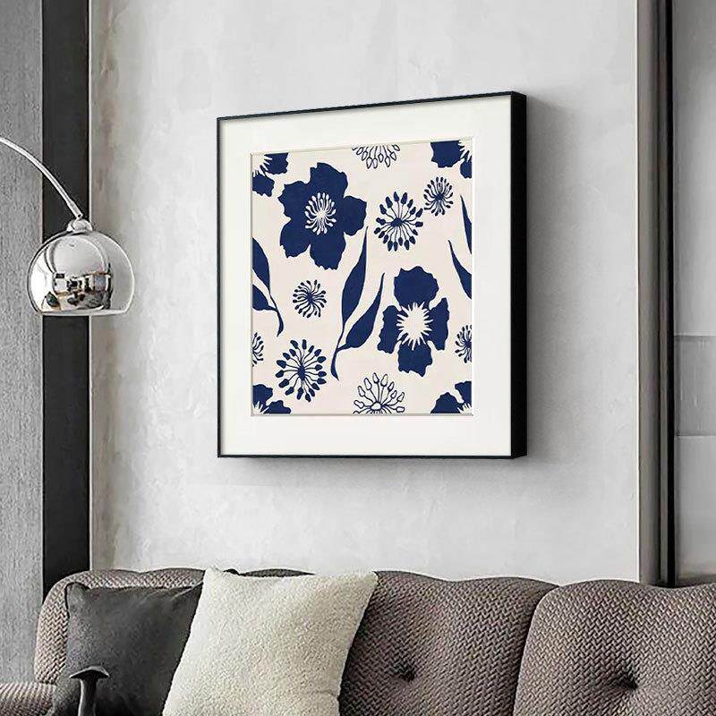 现代文艺客厅沙发墙挂画剪纸花卉图案玄关装饰画复古蓝色花纹壁画