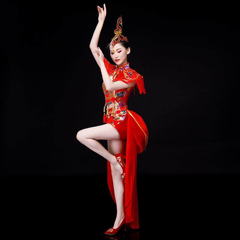 高档打服演出女旗袍中国风水鼓喜成庆腰鼓鼓现代舞开场舞蹈服装人