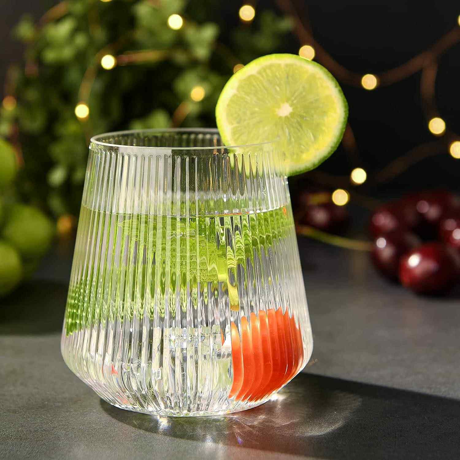 包邮12、14OZ透明条纹PET杯一次性酒杯硬塑料耐摔防撞香槟红酒杯