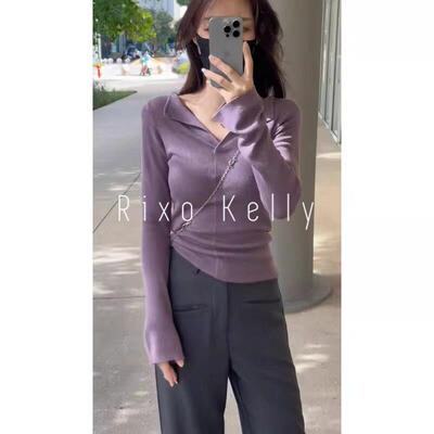 Rixo Kelly紫色v领长袖针织打底衫女早春季修身内搭毛衣洋气上衣