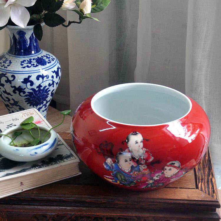 正品金缸景德镇房陶瓷器百子图童子鱼缸乌龟鱼缸睡莲一莲叶客厅书