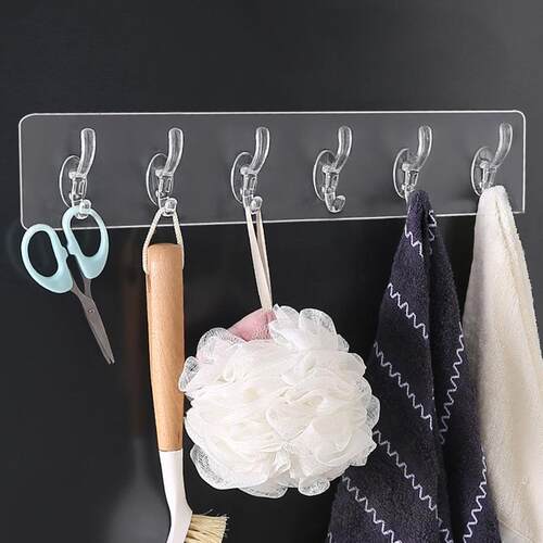 Kitchen Transparent Adhesive Hooks, 6-Piece Set Door Back Ha