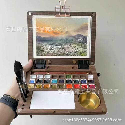 现货胡桃木调色板收纳盒翻盖式油漆画画盒户外木制绘画板颜料盒子
