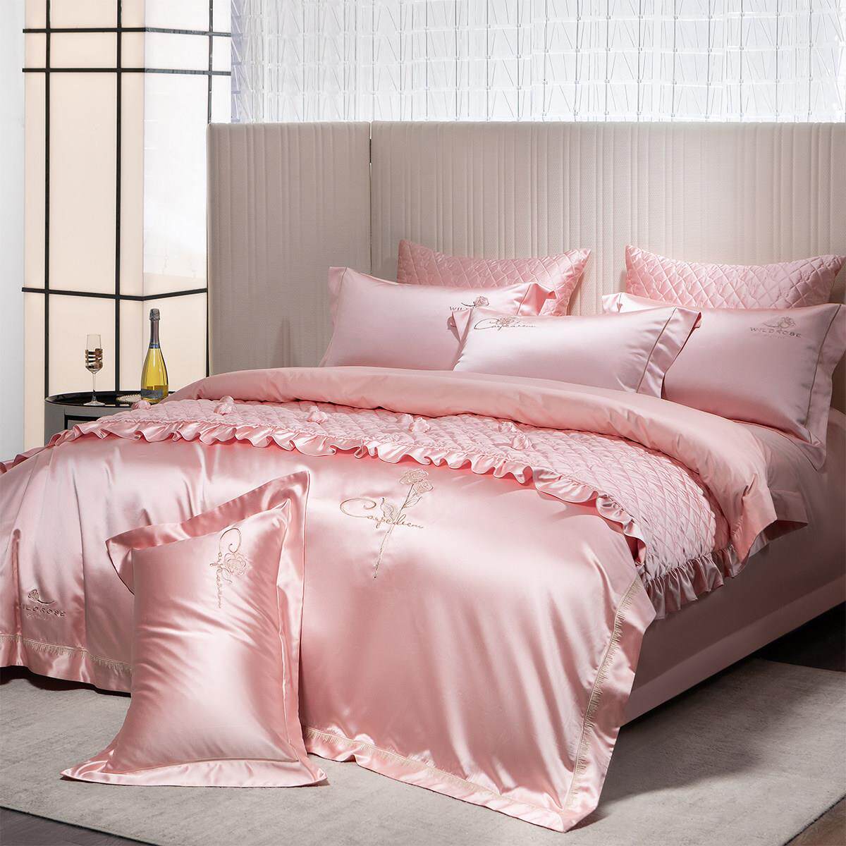 欧式高档140支全棉四件套粉色公主风真丝棉刺绣被套婚庆床上用品