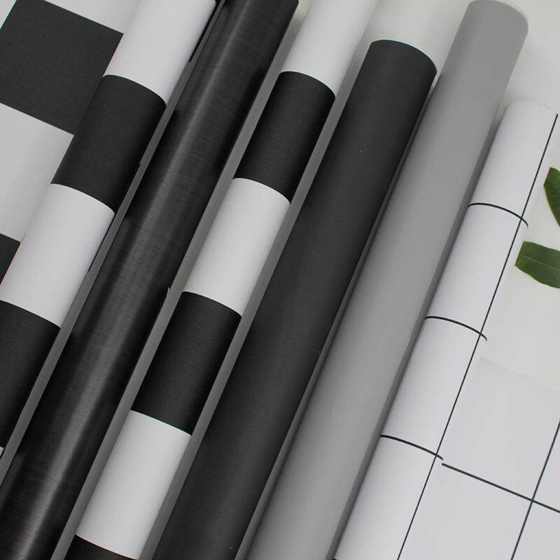 直销新款自粘PVC防水黑白条纹墙纸格子卧室餐馆奶茶店咖啡厅商铺