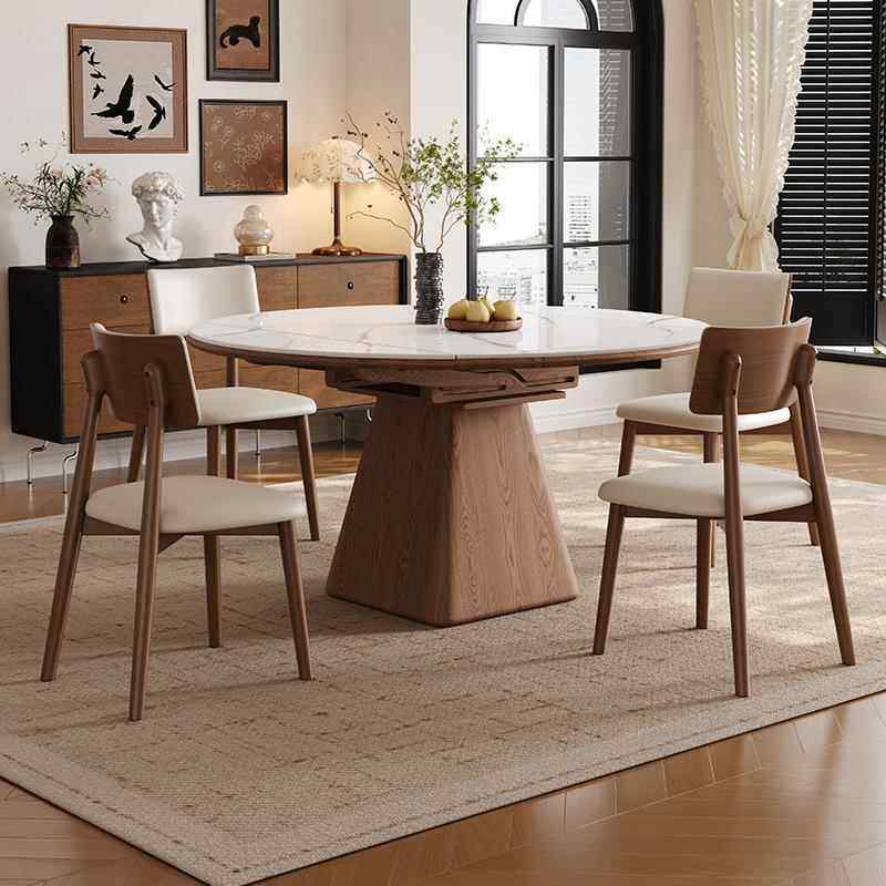 白蜡木伸缩餐桌实木折叠岩板饭桌小户型中古风电磁炉方圆两用餐桌