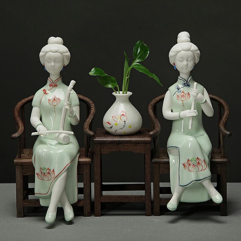 创意手绘陶瓷工艺品手绘仕女摆件书房客厅电视柜家居装饰品