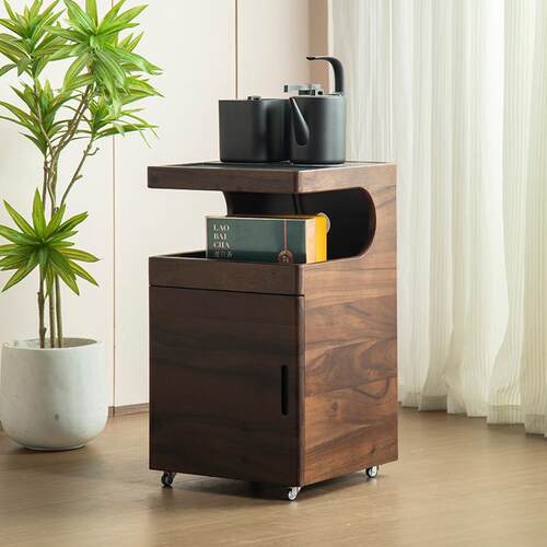 南美黑胡桃木茶水柜实木可移动智能茶吧机茶桌边柜沙发推拉窄茶几
