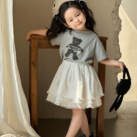 2024夏季韩版女童小熊印花T恤儿童短袖+白色蓬蓬裙半身裙短裙