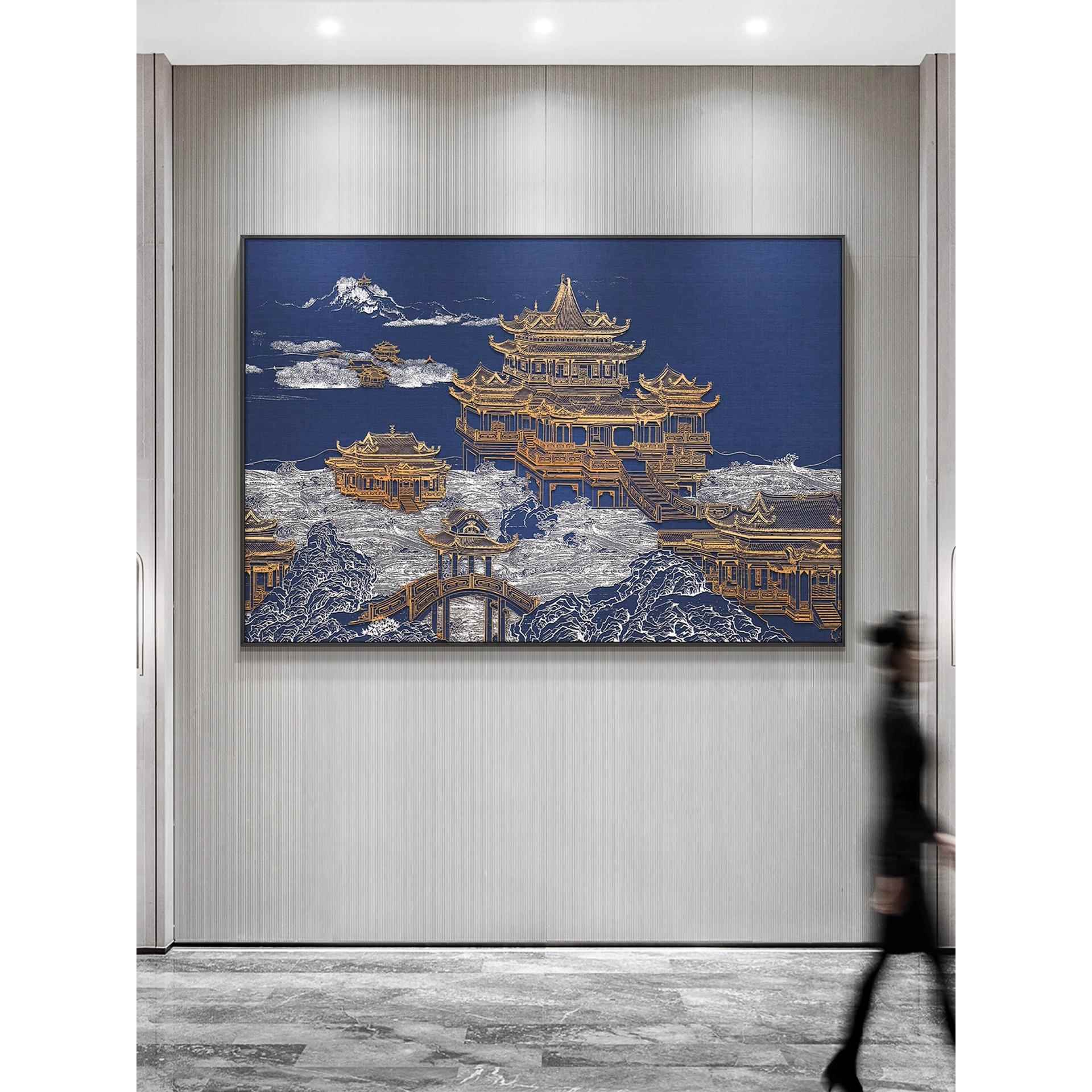 新款直销酒店餐厅高档立体挂画包间壁画客厅新中式立体浮雕阁楼大