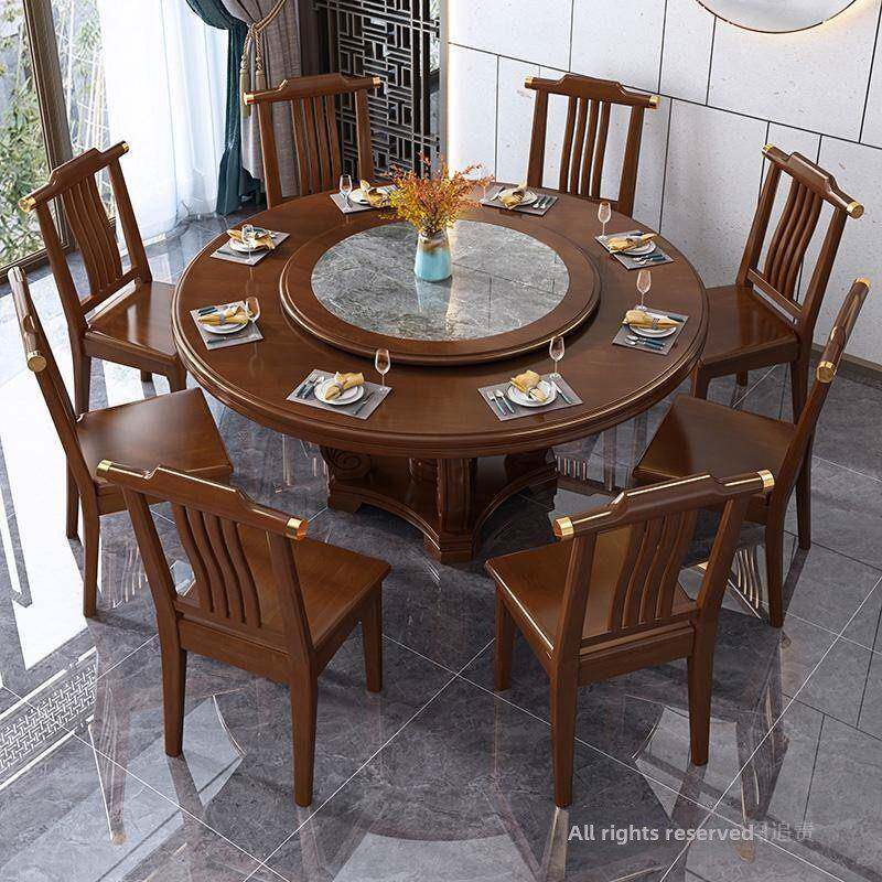 新中式实木餐桌家用8人饭桌圆餐桌带转盘酒店饭店1.8m圆形大圆桌