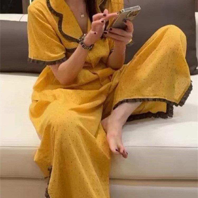 薄款蕾丝短袖宽松休闲波点上衣裤子家居服两件套睡衣女套装夏季