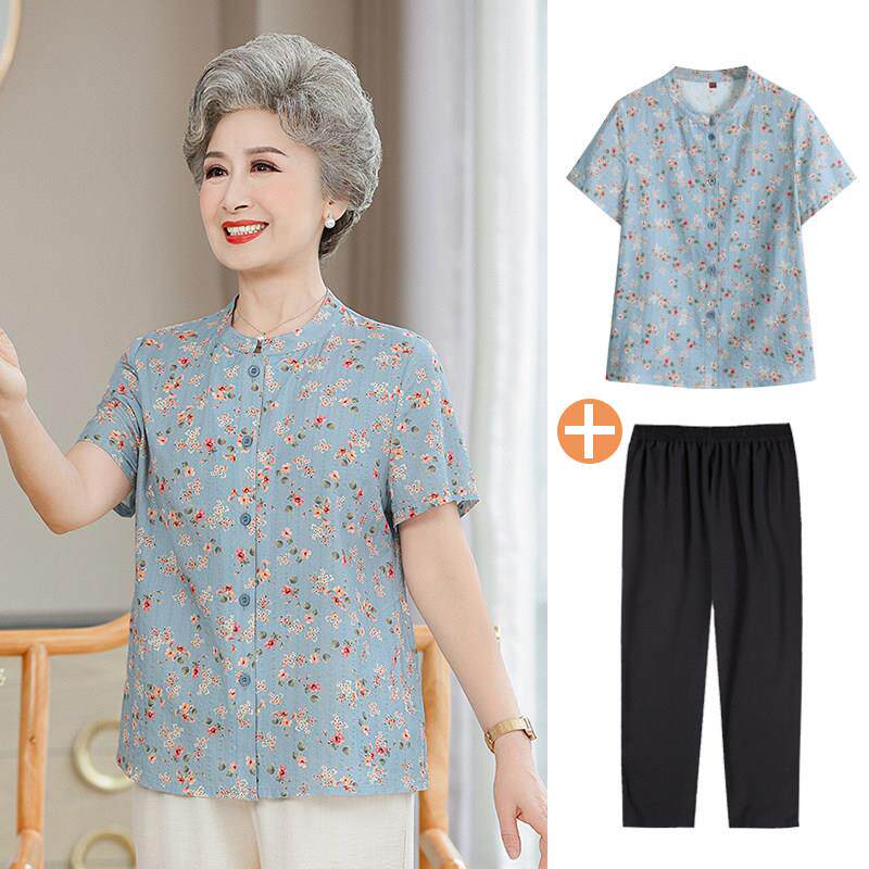奶奶装纯棉衬衫女60-70岁妈妈太太短袖寸上衣服老年人夏装T恤套装