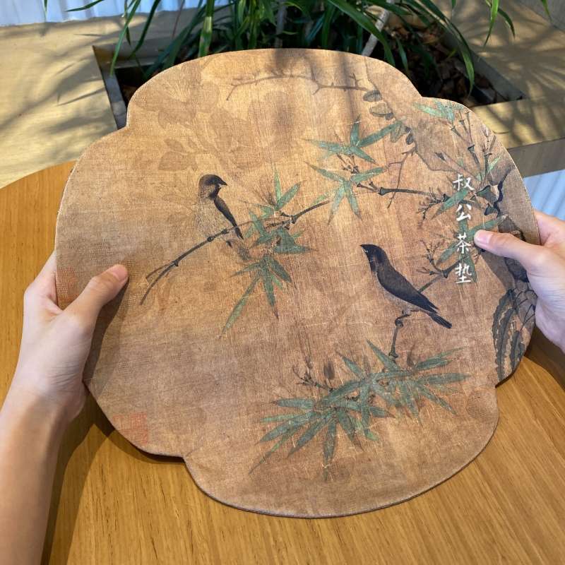 香云纱竹禽图海棠防水茶席新中式布艺茶道零配件桌旗茶垫复古杯垫