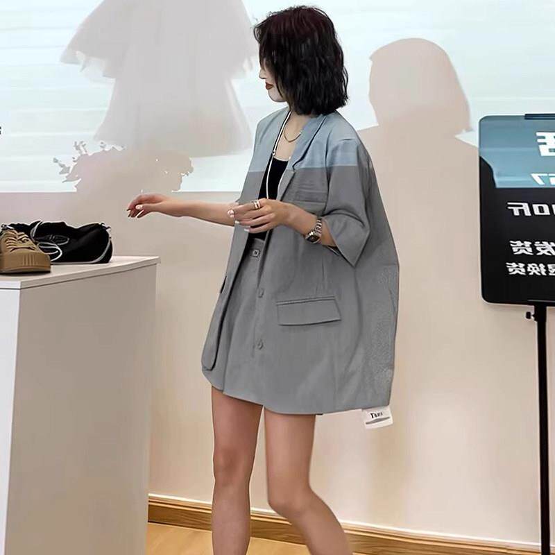 韩国女夏季轻奢灰色薄款短袖西装套装小个子休闲西服短裤通勤两件