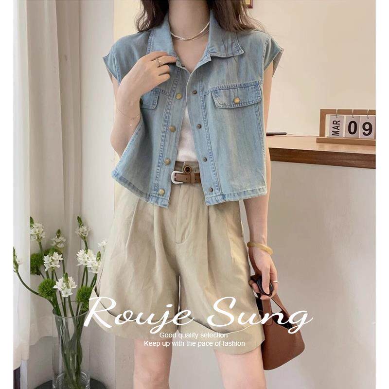 ROUJE SUNG浅蓝色牛仔短袖衬衫女夏季polo领单排扣外套飞飞袖上衣