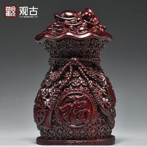 黑檀木雕刻福袋摆件代代有钱客厅玄关酒柜装饰店铺开业送礼纪念品