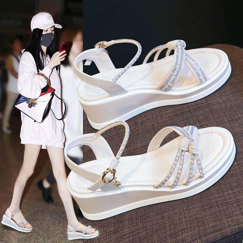 不累的脚凉鞋女鞋2025夏季新款莱茵石楔形平台高跟鞋外穿厚底漂亮