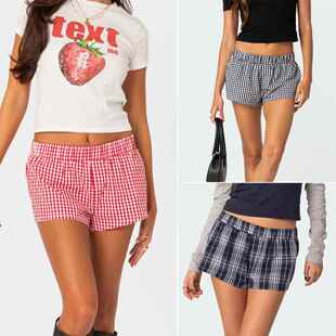 Women's Gingham Check Plaid Loose Woven Shorts Elastic