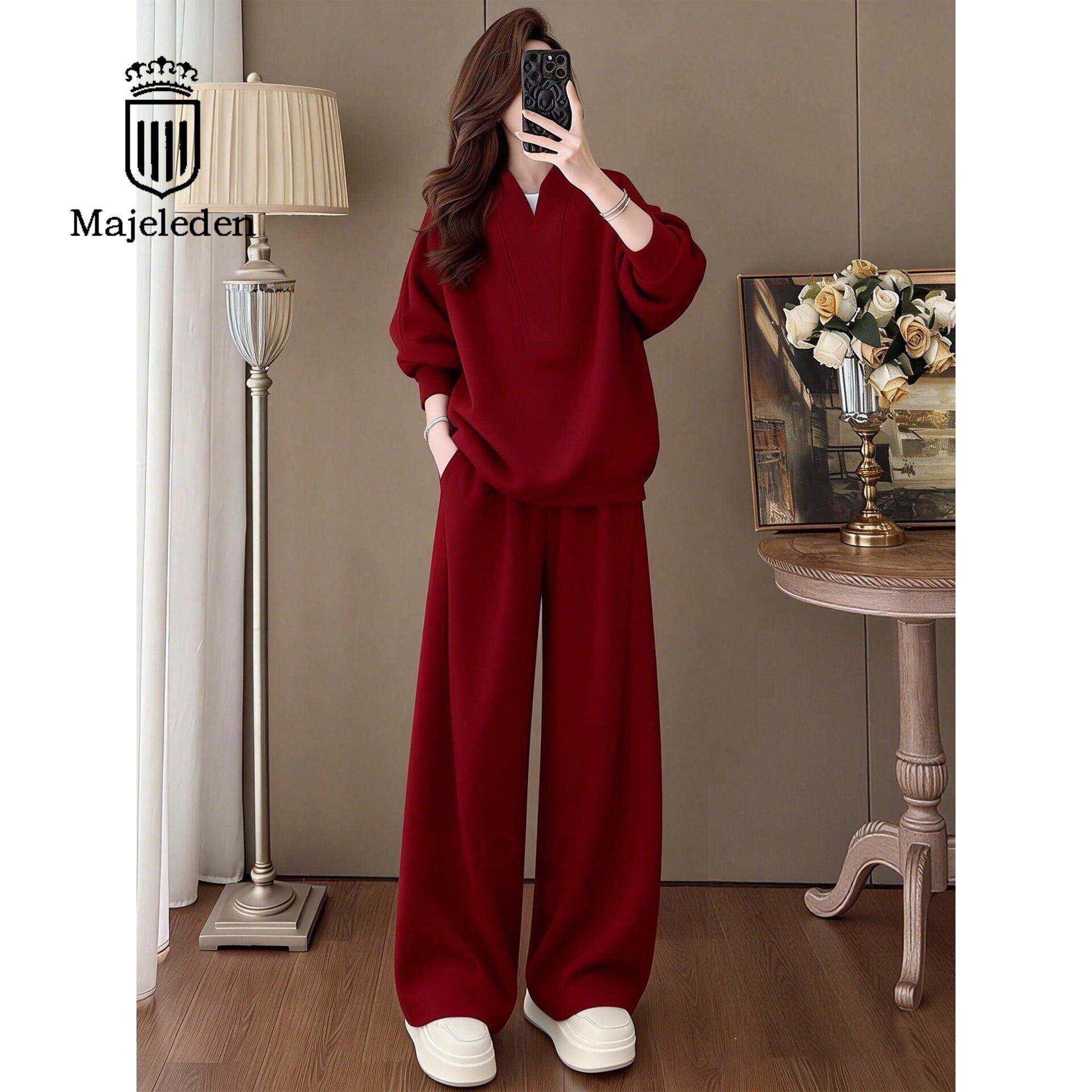 正品2026年春秋新款红色休闲运动套装女时尚宽松卫衣阔腿裤两件套