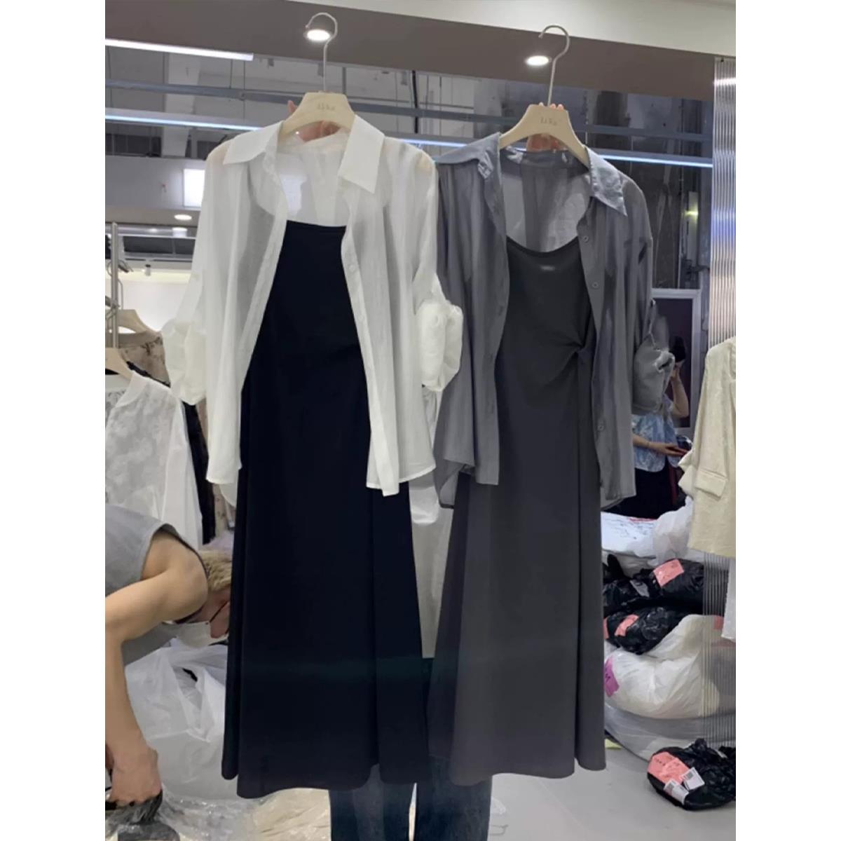 防晒衬衫吊带连衣裙两件套女装夏季大码胖mm时尚流行漂亮套装裙子