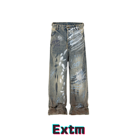 EXTM美式高街巴黎风格涂鸦手绘泼墨牛仔裤复古做旧破坏水洗长裤潮