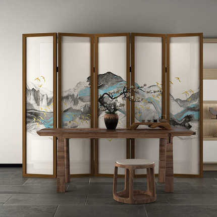 新中式简约现代屏风隔断客厅移动入户可折叠遮挡茶室装饰山水折屏