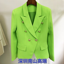 深圳2021欧美明星女西服时尚双排扣狮子头扣修身西装小外套荧光绿