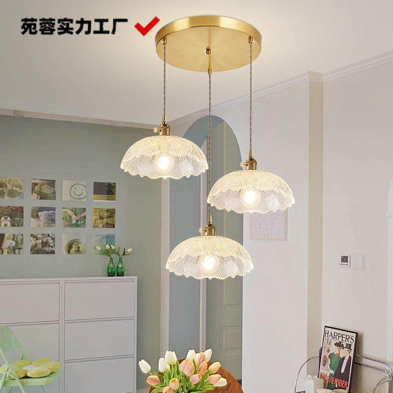 全铜餐厅吊灯三头现代简约玻璃咖啡厅餐桌饭厅吧台家用水晶餐吊灯