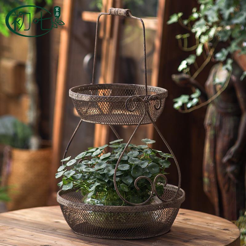 欧式仿古铁艺多层花篮户外园艺可悬挂植物养殖盆美式复古工艺品