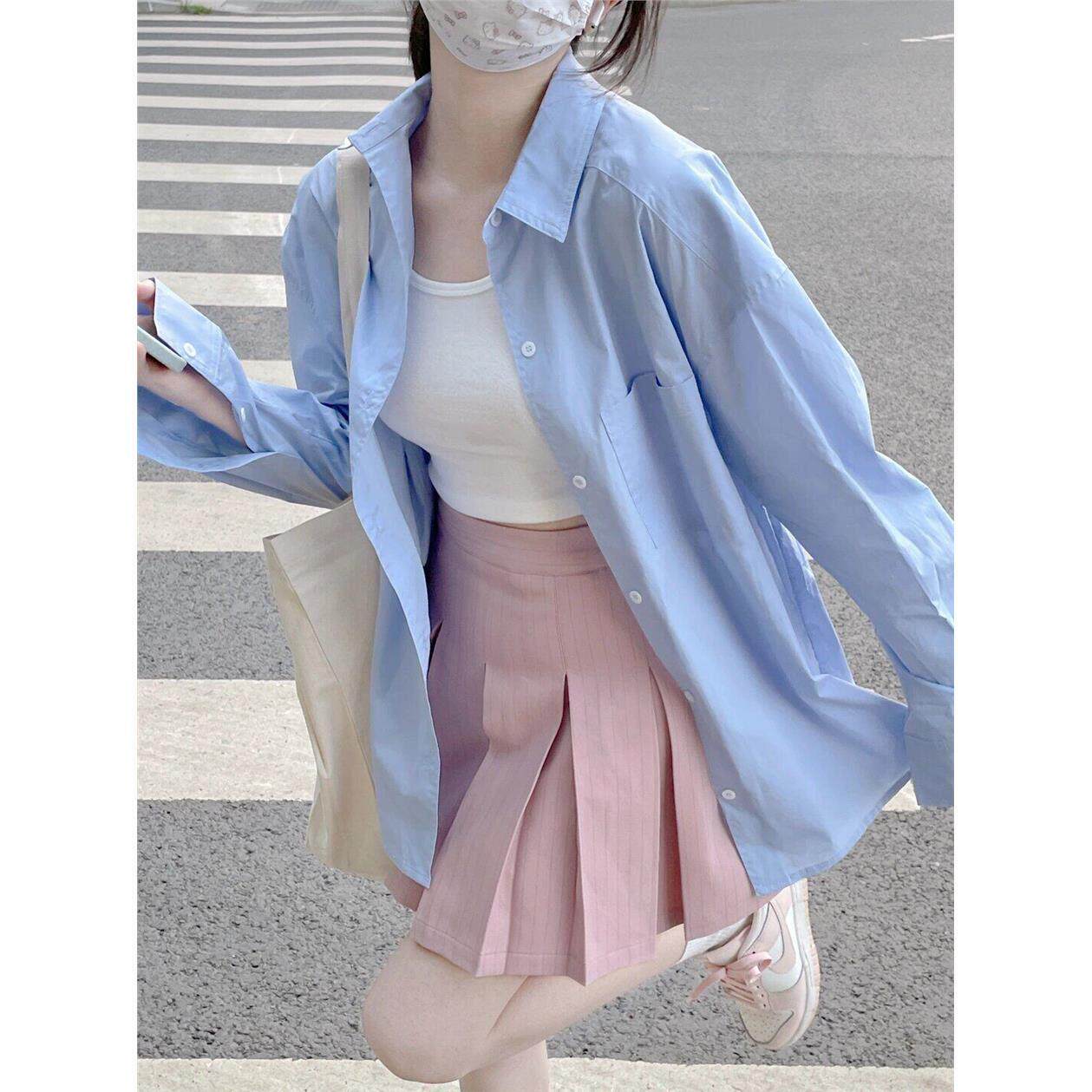 NextMary奶油蓝色长袖衬衫女春夏季温柔风学生休闲衬衣中长款上衣