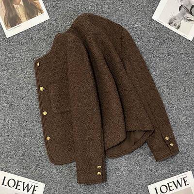 潮牌深咖色小香风羊羔毛外套女短款2025秋冬季新款高级感休闲上衣