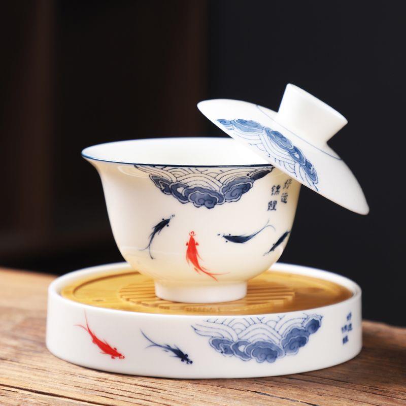 悬停手绘羊脂玉瓷三财盖碗单个杯功夫茶具泡茶杯子敬茶碗大号
