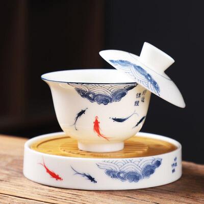 悬停手绘羊脂玉瓷三财盖碗单个杯功夫茶具泡茶杯子敬茶碗大号