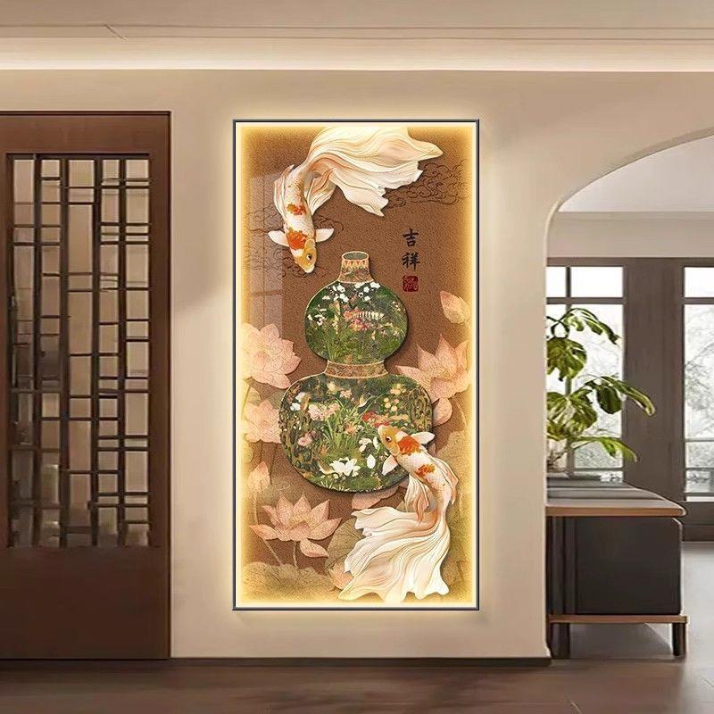 新中式葫芦正对门挂画九鱼客厅走廊过道玄关装饰画LED发光灯壁画