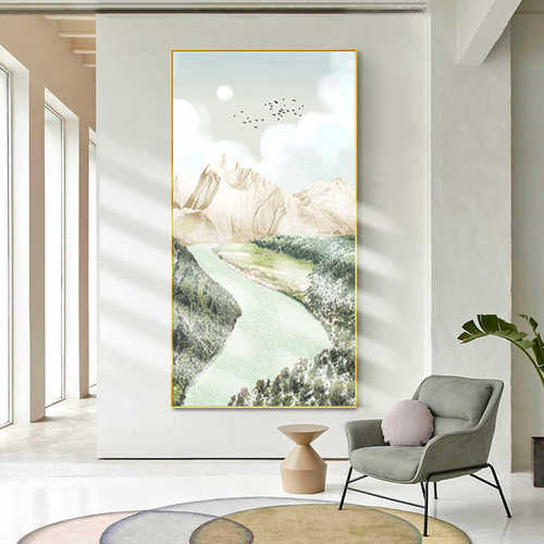 入户玄关装饰画2022新款挂画高级感现代轻奢绿山水过道竖版墙壁画