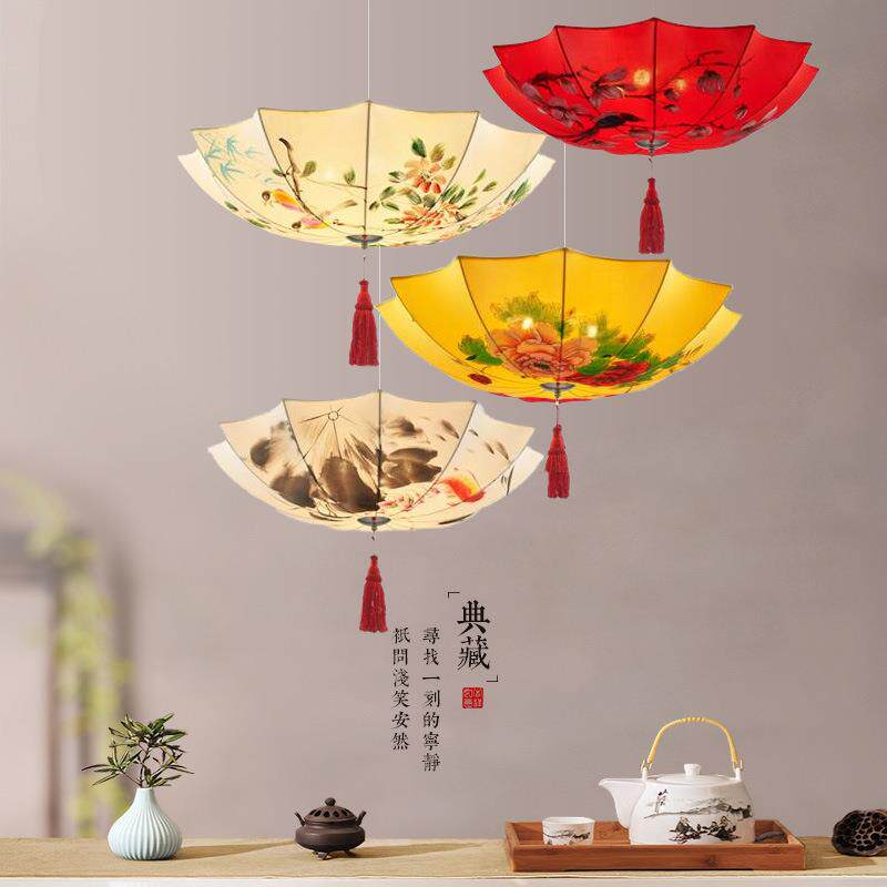 新中式吊灯手绘布艺仿古中国风火锅店雨伞灯茶楼餐厅民宿装饰灯