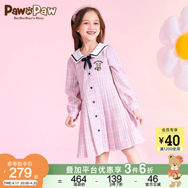 pawinpaw卡通小熊童装春季女童，裙子格纹学院百褶连衣裙