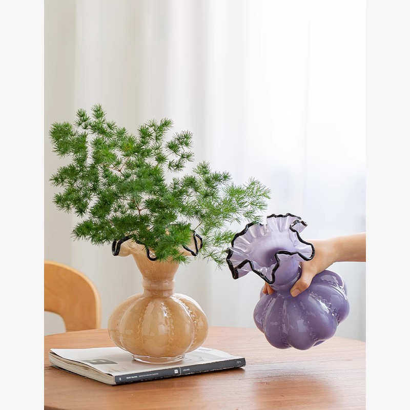 芬顿奶油中古花瓶粉色紫色琉璃渐变拼色肌理法式浪漫玉感南瓜花边,家居饰品,花瓶,淘宝优惠券,粉丝福利购,淘宝优惠卷