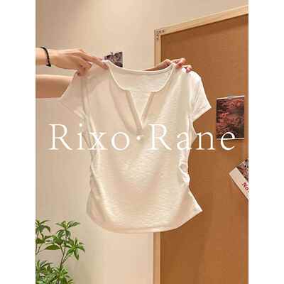 法国Rixo Rane 纯欲白色正肩短袖t恤女小飞袖褶皱收腰显瘦v领上衣
