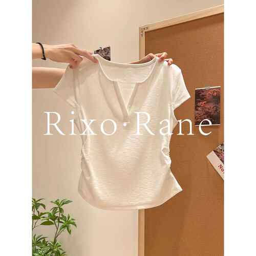 法国Rixo Rane 纯欲白色正肩短袖t恤女小飞袖褶皱收腰显瘦v领上衣