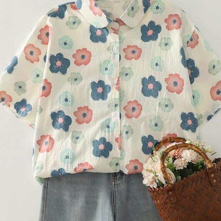 ROUJE ESVIP田园风花朵印花短袖衬衫女宽松百搭休闲薄款衬衫上衣