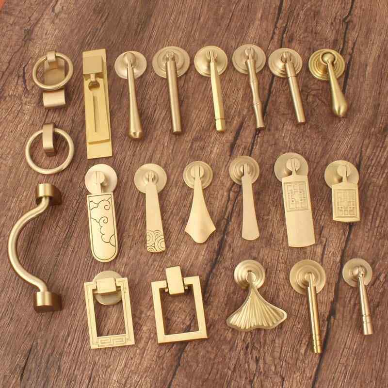 新中式黄铜拉手吊坠四方北欧衣柜门抽屉金色手柄彷古圆环黄铜拉手