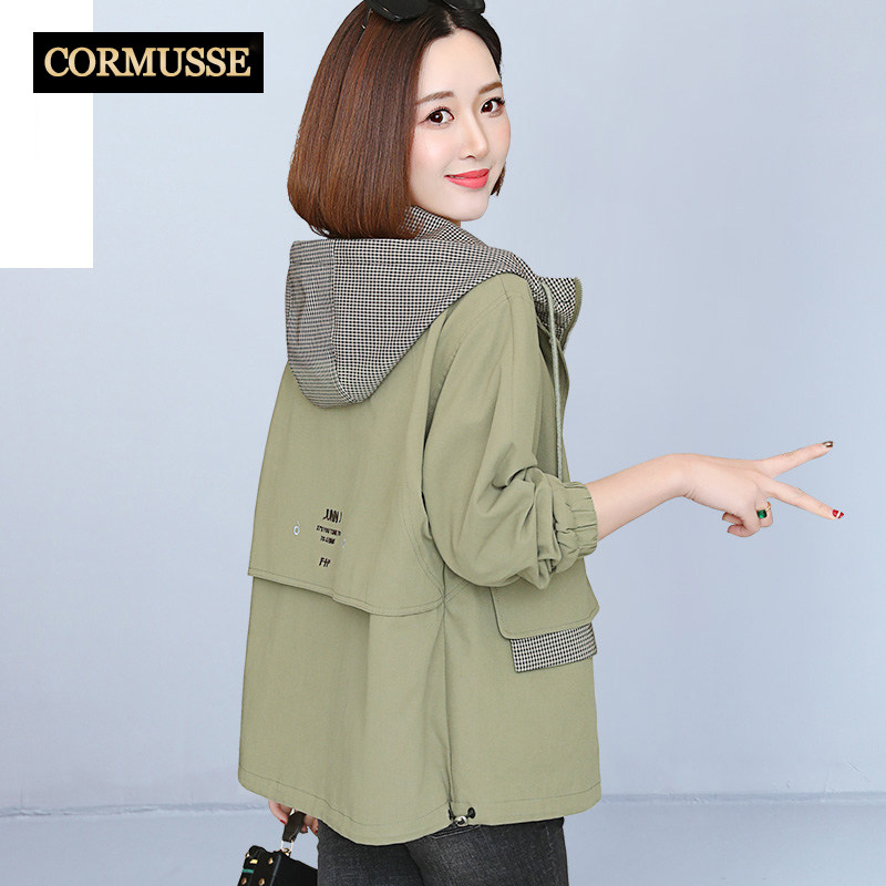 cormusse短外套女2025新款高端秋冬休闲大码上衣胖mm百搭连帽风衣