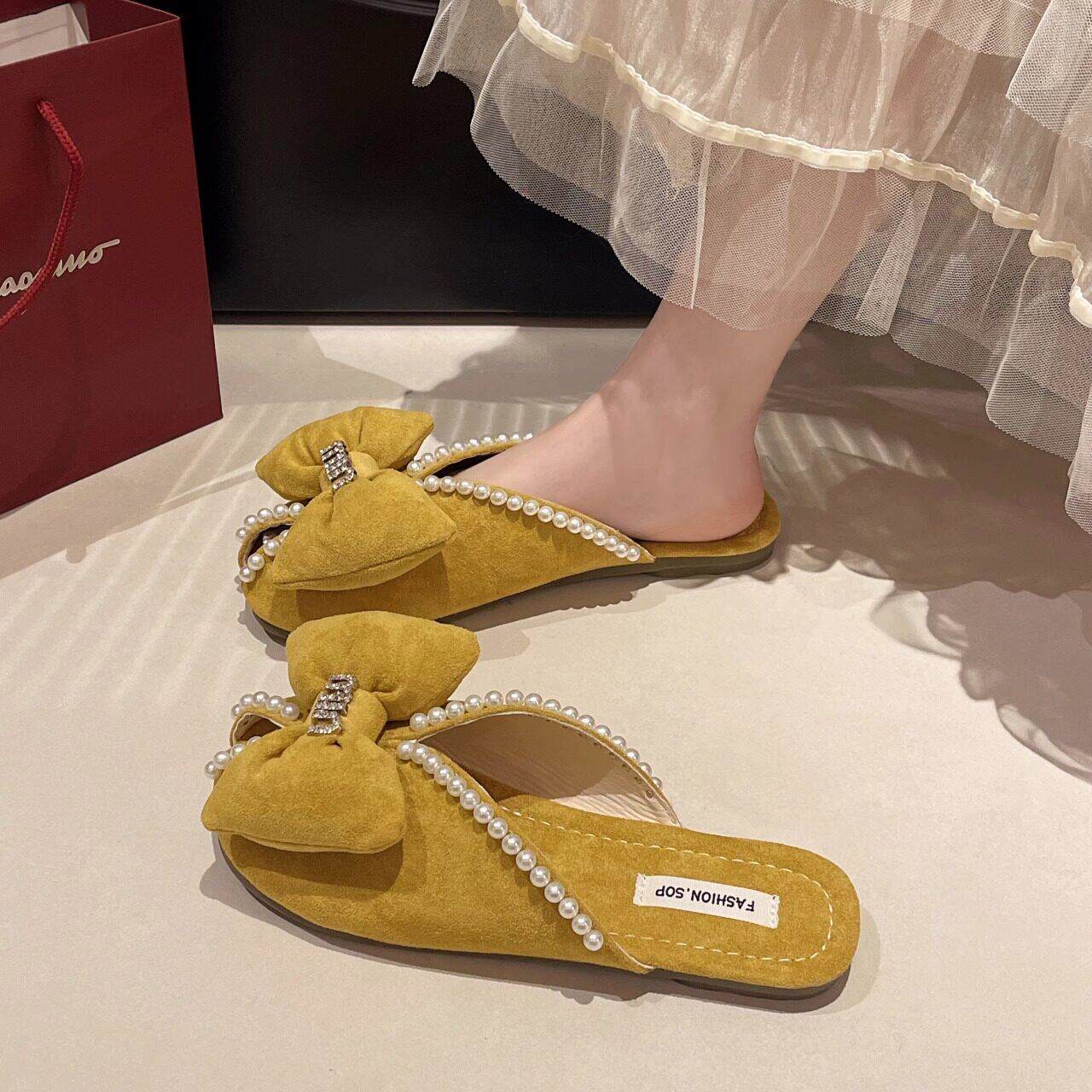 英国真皮黄色勃肯鞋女夏季外穿2025新款仙女风一脚蹬包头半拖单鞋