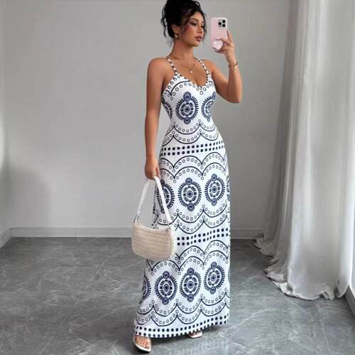 Elegant Feminine Fashion Print Halter V-Neck Dress Stylish