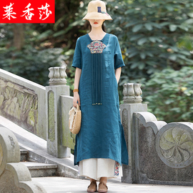 民族风夏装亚麻女装短袖，连衣裙中国风复古唐装，v领刺绣棉麻长裙女